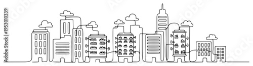 Modern eco friendly city skyline with buildings and clouds in a minimalist continuous line drawing