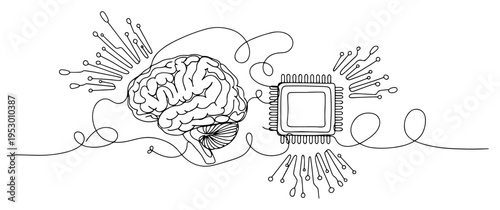 Artificial intelligence concept featuring a human brain connected to a microchip in continuous line art