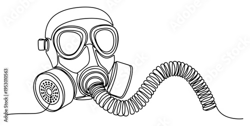 Minimalist continuous line art illustration of a protective gas mask with a breathing tube