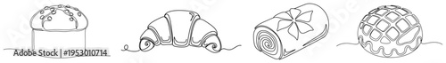 Sweet pastries and bakery products including croissant and roll cake in minimalist one line art style