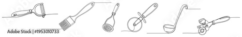 Minimalist continuous one line drawing of essential kitchen utensils and cooking tools set