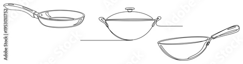 Continuous line art illustration of various frying pans and a traditional wok for cooking