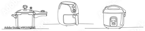 Minimalist continuous one line drawing of modern kitchen appliances pressure cooker air fryer and rice cooker