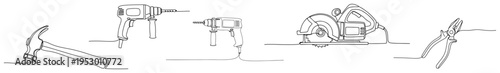 Set of common power and hand tools for construction and diy projects in continuous line art style