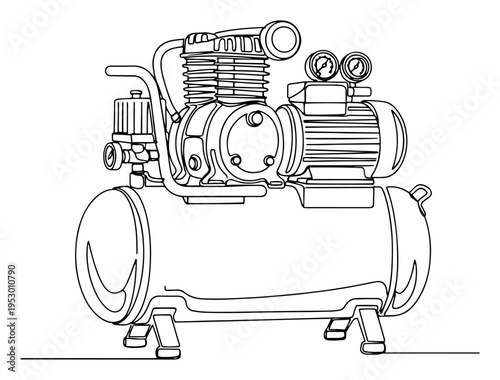 Detailed continuous line drawing of an industrial air compressor machine for workshop and garage