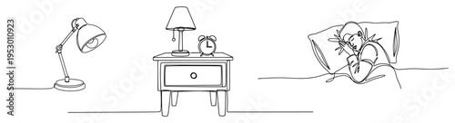 Minimalist continuous line art of a bedroom bedside table and a person sleeping in bed