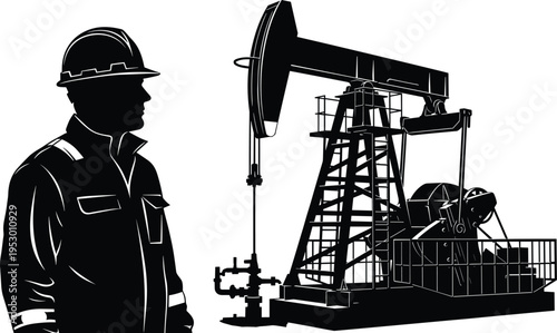 Black silhouette of petroleum engineer in hard hat and safety gear with oil pump jack on field for fossil fuel energy industrial production