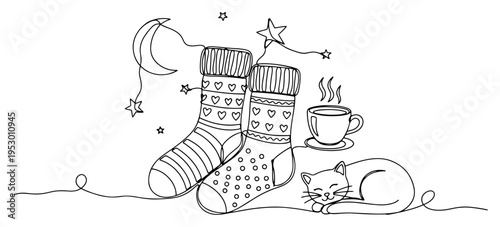 Cozy winter composition with warm socks a sleeping cat and hot coffee in continuous line style
