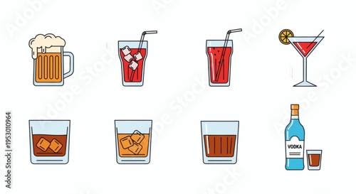 Colorful set of illustrated alcoholic drinks, including beer, cocktails, and spirits in various glasses, ideal for bar menus, party graphics, and beverage concepts
