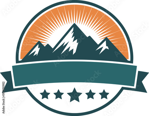 Wallpaper Mural Mountain logo design, circular badge, dark teal silhouette, snow-capped peaks, orange radiating sunburst, horizontal teal banner, five stars below, white background Torontodigital.ca