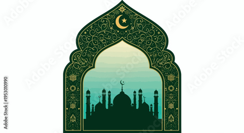 Islamic mosque archway silhouette with crescent moon and star at dusk
