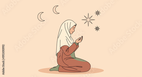 A Muslim woman in hijab praying under the night sky with stars and crescent moon