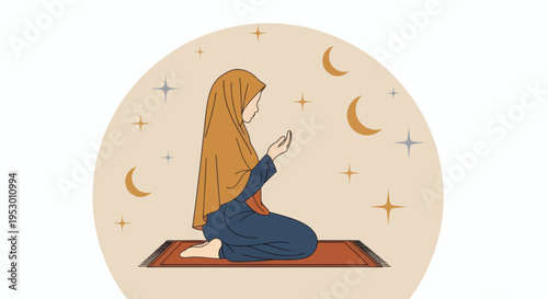 Muslim woman praying on a prayer mat during a starry night with crescent moons in the background