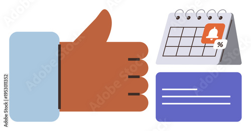 Time management, productivity tools, organization, business planning, reminders, deadlines. Thumbs-up hand, calendar with notification document. Time management productivity tools concept