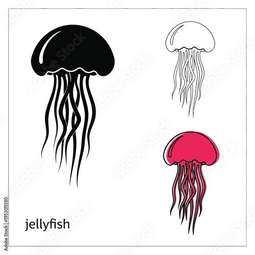 Jellyfish set vector black outline and pink cartoon illustration of jellyfish