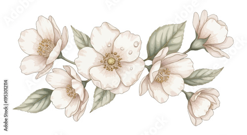 A delicate floral arrangement of white flowers and green leaves is displayed prominently.