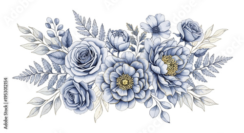 Blue flowers and leaves arrangement on white background for decoration