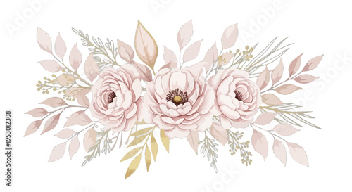 A delicate floral arrangement of pink roses and leaves adorned with golden accents on a clean white background