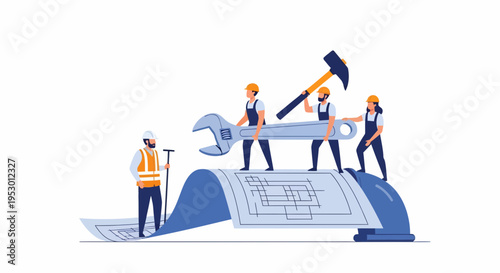 Workers labor on large blueprint with tools and equipment nearby indoors.