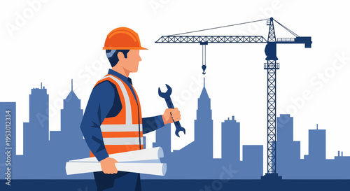 A construction worker in labor holds tools near a crane at a city building site.