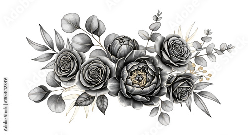 A beautiful arrangement of roses and leaves in a decorative floral display on a white background