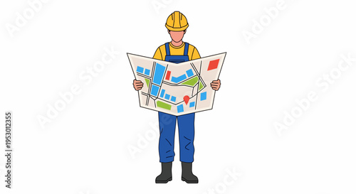 A worker in a hard hat examines a large map with a labor plan.