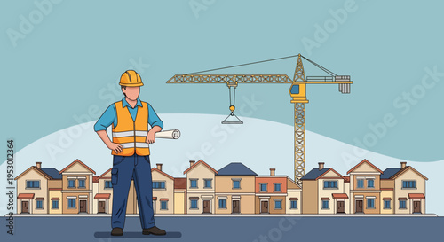 A worker in labor oversees construction of new housing with a crane