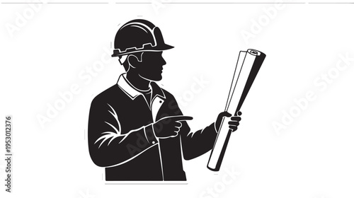 Professional Engineer or Architect Holding Blueprint Plans Silhouette