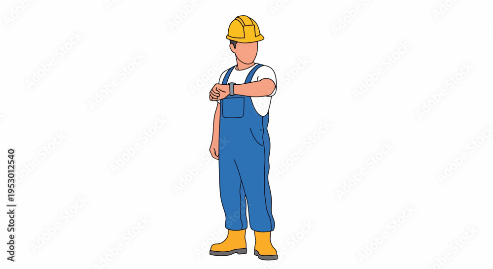 Fototapeta premium A worker in blue overalls and a yellow hard hat stands with arms crossed.