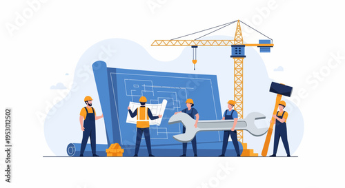 Construction workers labor on a large blueprint under a crane