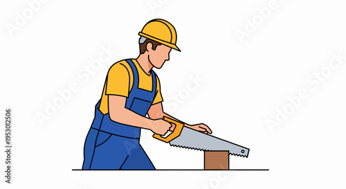A worker in a hard hat performs labor with a tool on a block.