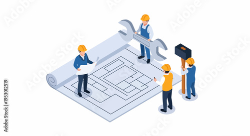 A group of labor workers discussing a construction plan with tools and blueprints.