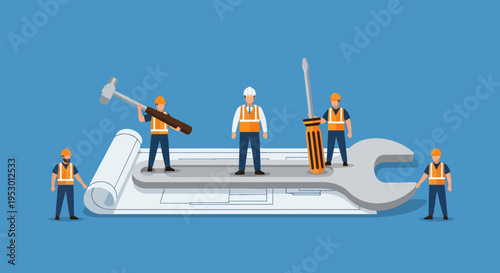 Workers labor on a giant wrench with tools and equipment nearby outside