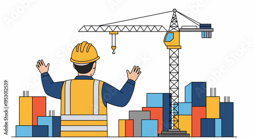 A worker in labor oversees construction with a crane and blocks