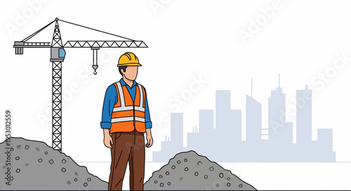 Construction worker standing near crane on labor site with cityscape
