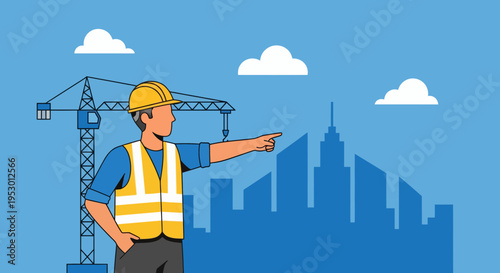 A construction worker in a hard hat points at a cityscape with a crane behind him.