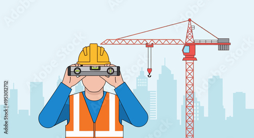 A worker in labor uses a level tool on a construction site with a crane.