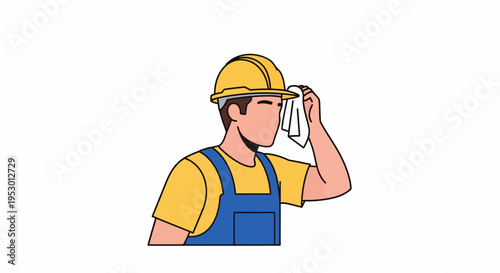 A labor worker in a yellow hard hat and blue overalls wipes sweat.