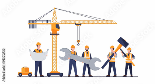 Construction workers labor diligently on a site with a crane and tools.