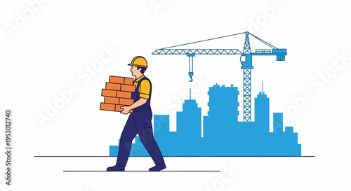 A labor worker in a hard hat carries bricks on a construction site with a crane.