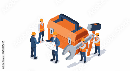 Workers in labor assemble a large wrench with tools nearby outdoors