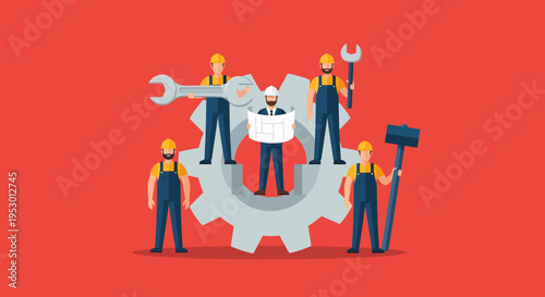 A group of labor workers in uniform standing on and around a large gear with tools.