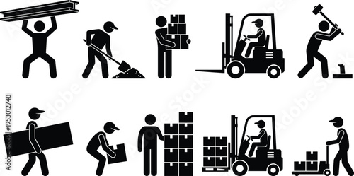 Black silhouette stick figure icons showing industrial workers performing warehouse logistics construction tasks carrying boxes driving forklift digging and manual labor equipment vector