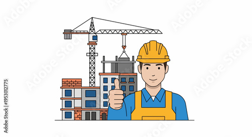 A worker gives a thumbs up in front of a construction site with a crane and building.