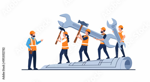 A labor supervisor oversees worker team with tools on large pipe