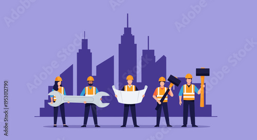 Workers labor on construction site with cityscape and tools.