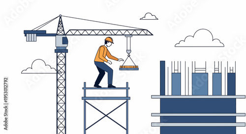 A construction worker performs labor on a scaffold beside a crane at a building site.