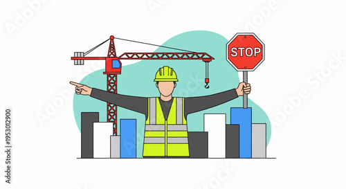 A construction worker directs labor with a stop sign near a crane.