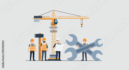 Construction labor workers operate heavy machinery and tools on site