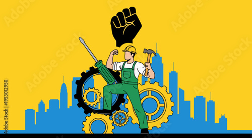 A labor worker in overalls holds tools triumphantly amidst industrial gears and cityscape